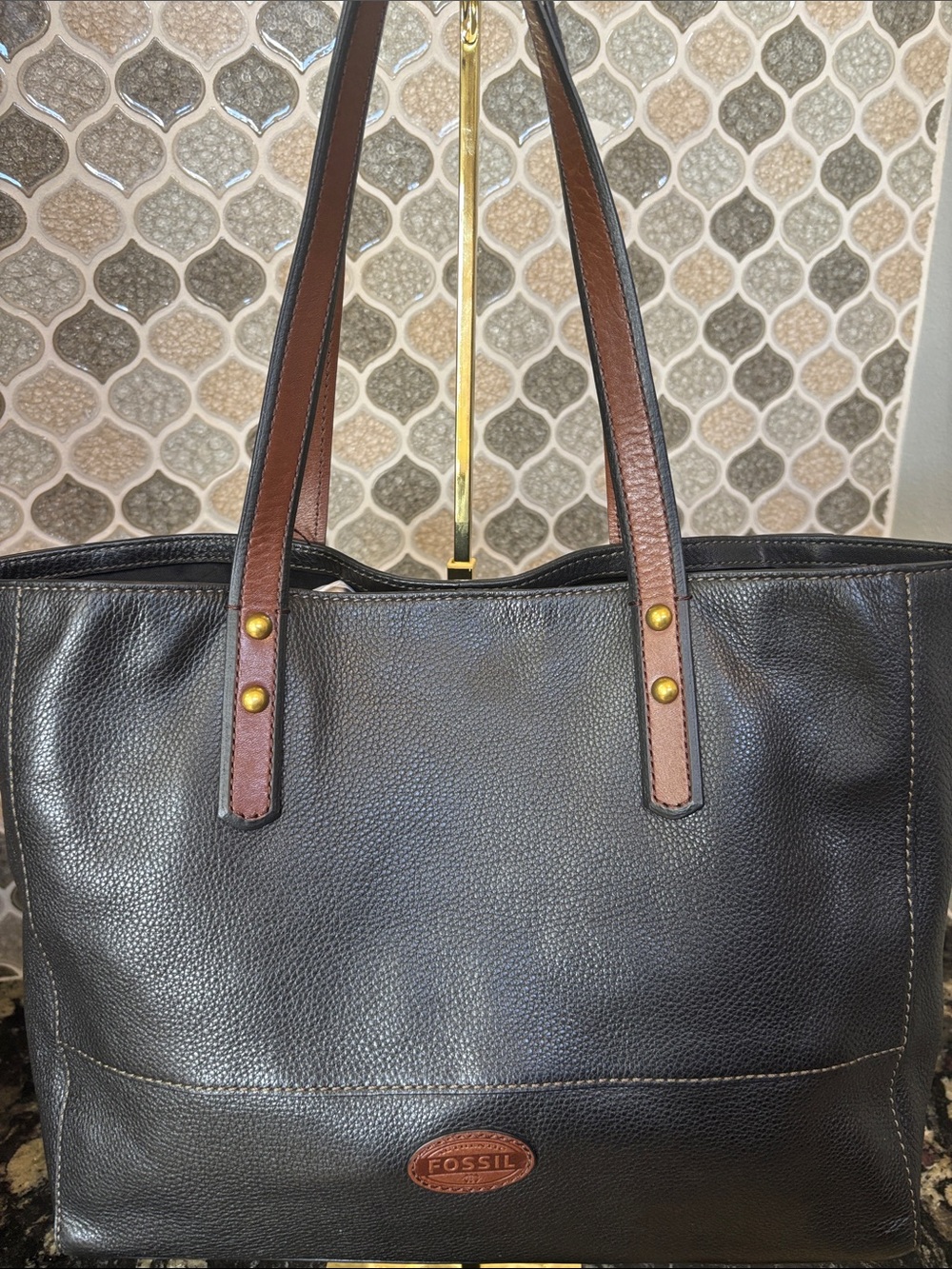 Fossil Black Tote with Brown Shoulder Straps